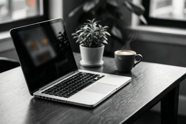 Een laptop, een klein potplantje en een dampende kop koffie staan op een donker houten bureau in een zwart-wit foto.