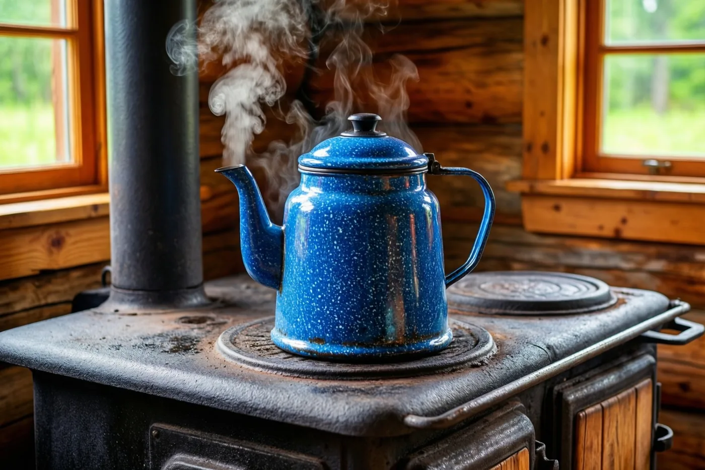Een gespikkelde blauwe emaille koffiepot dampt op een oude gietijzeren houtkachel in een landelijke keuken met houten wanden en ramen.