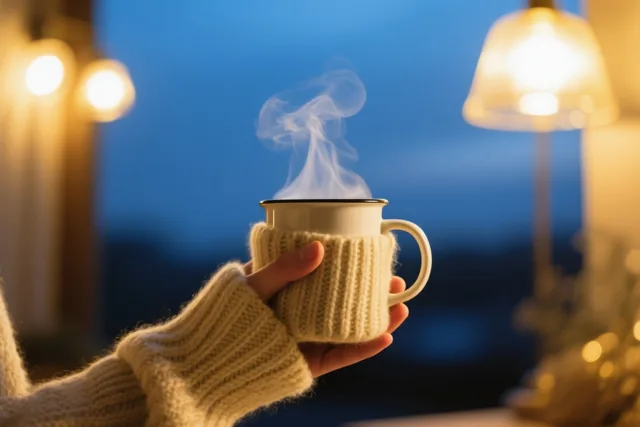 Een hand uit een crèmekleurige gebreide trui houdt een witte dampende mok met een bijpassend hoesje vast, met warm gloeiende lampen tegen een diepblauwe schemerlucht erachter.