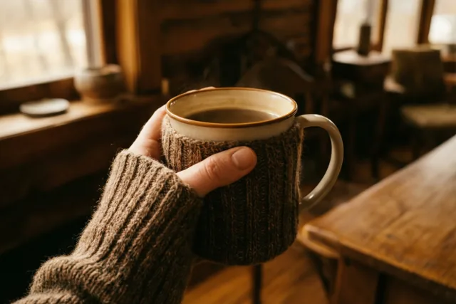 Een hand uit een bruine gebreide mouw houdt een dampende keramische mok met een gebreide hoes vast in een warm verlichte houten hut.