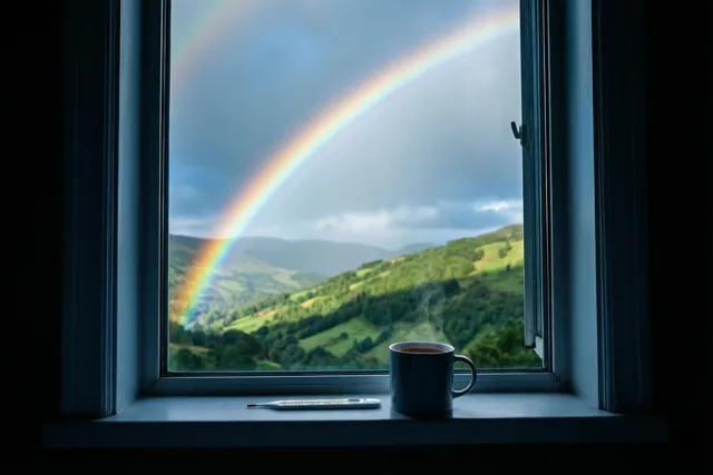 Een dampende mok thee en een thermometer staan op een vensterbank in een blauwgetint interieur, met uitzicht op een regenboog boven groene heuvels onder een bewolkte lucht.