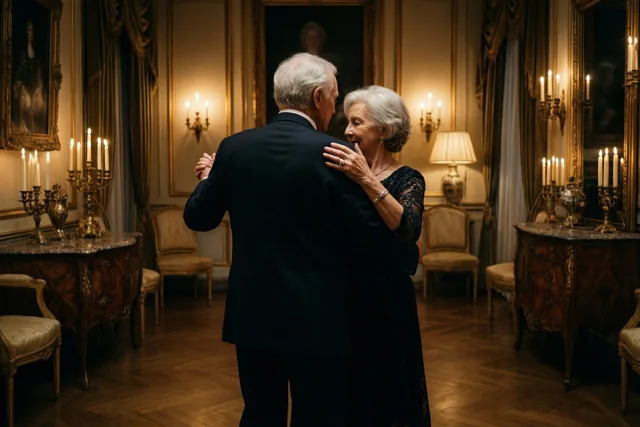 Een ouder koppel danst langzaam met de rug naar de kijker in een kamer met kaarslicht, sierlijke meubels en spiegels met gouden randen, in warme goudbruine tinten.