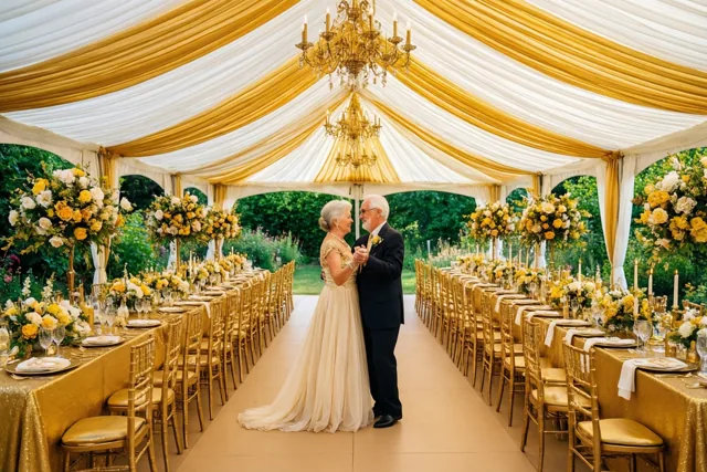 Een ouder koppel danst in een ruime tuintent met gouden en witte draperieën, tafels en bloemstukken in warm, goudkleurig licht.