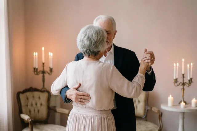 Een ouder koppel danst langzaam met de rug naar de kijker in een elegante kamer met zacht kaarslicht en tinten van zachtroze, crème en donkerblauw.