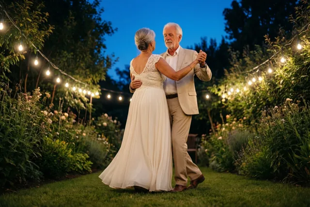 Een ouder koppel danst in een groene tuin bij schemering, omringd door lichtslingers en warm licht onder een diepblauwe hemel.