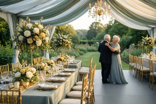 Een ouder koppel danst in een tuintent tussen lange gedekte tafels met gouden en witte bloemstukken, bij zacht en warm licht.