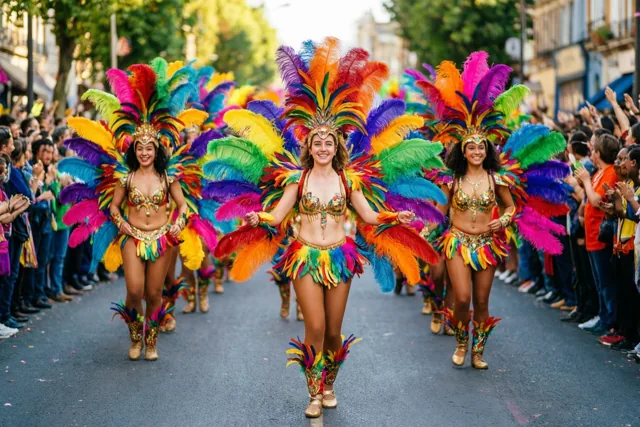 Een groep danseressen in rijk versierde veelkleurige verenkostuums treedt op in een straatstoet, met toeschouwers langs de straat.