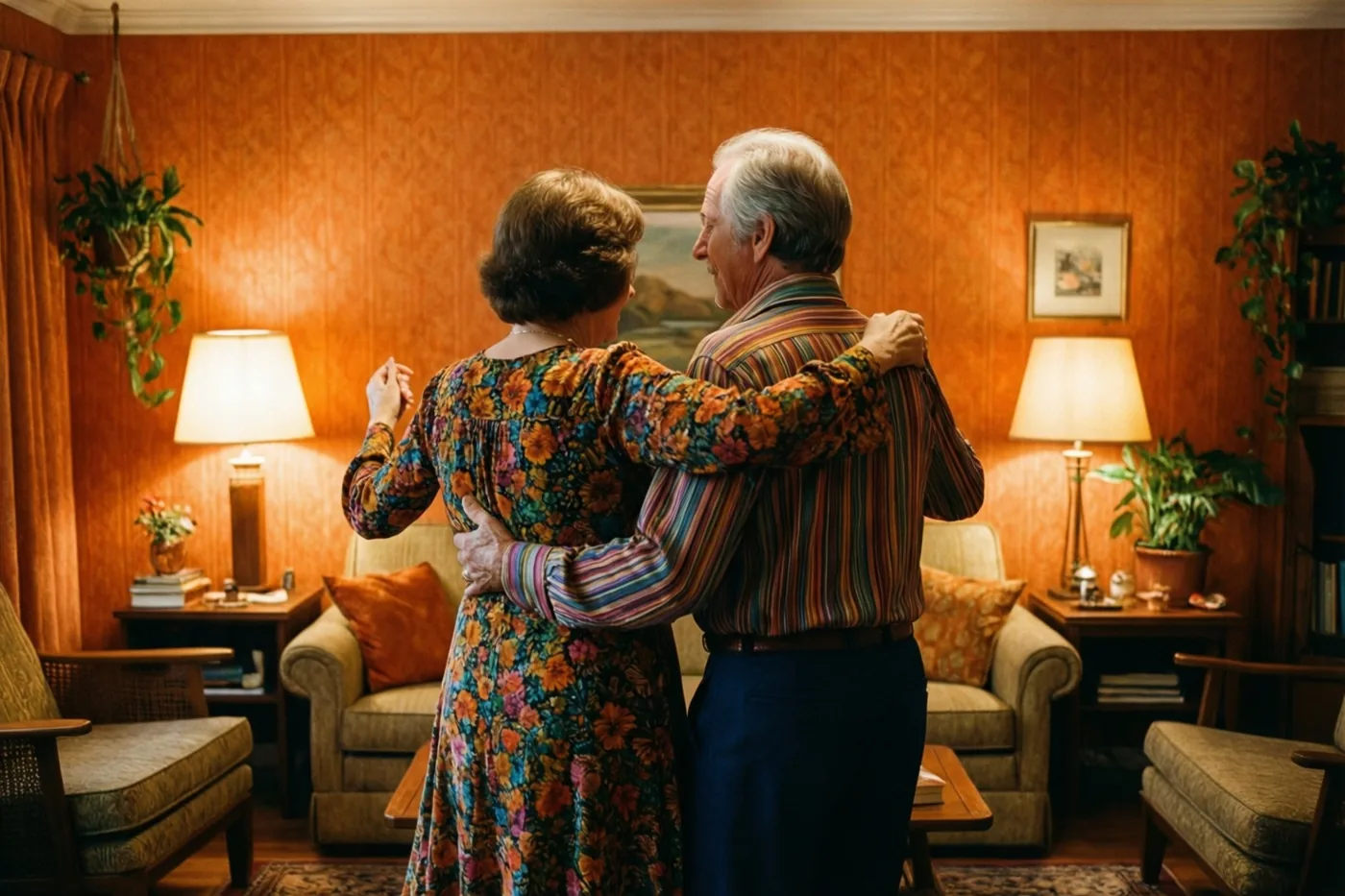 Een ouder koppel danst, van achteren gezien, in een warm verlichte woonkamer in jarenzeventigstijl met oranje patroonbehang en een retro-inrichting.