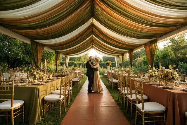 Een ouder koppel danst in een tuintent tussen lange tafels met gouden en witte tafelkleden, badend in warm, goudkleurig licht.