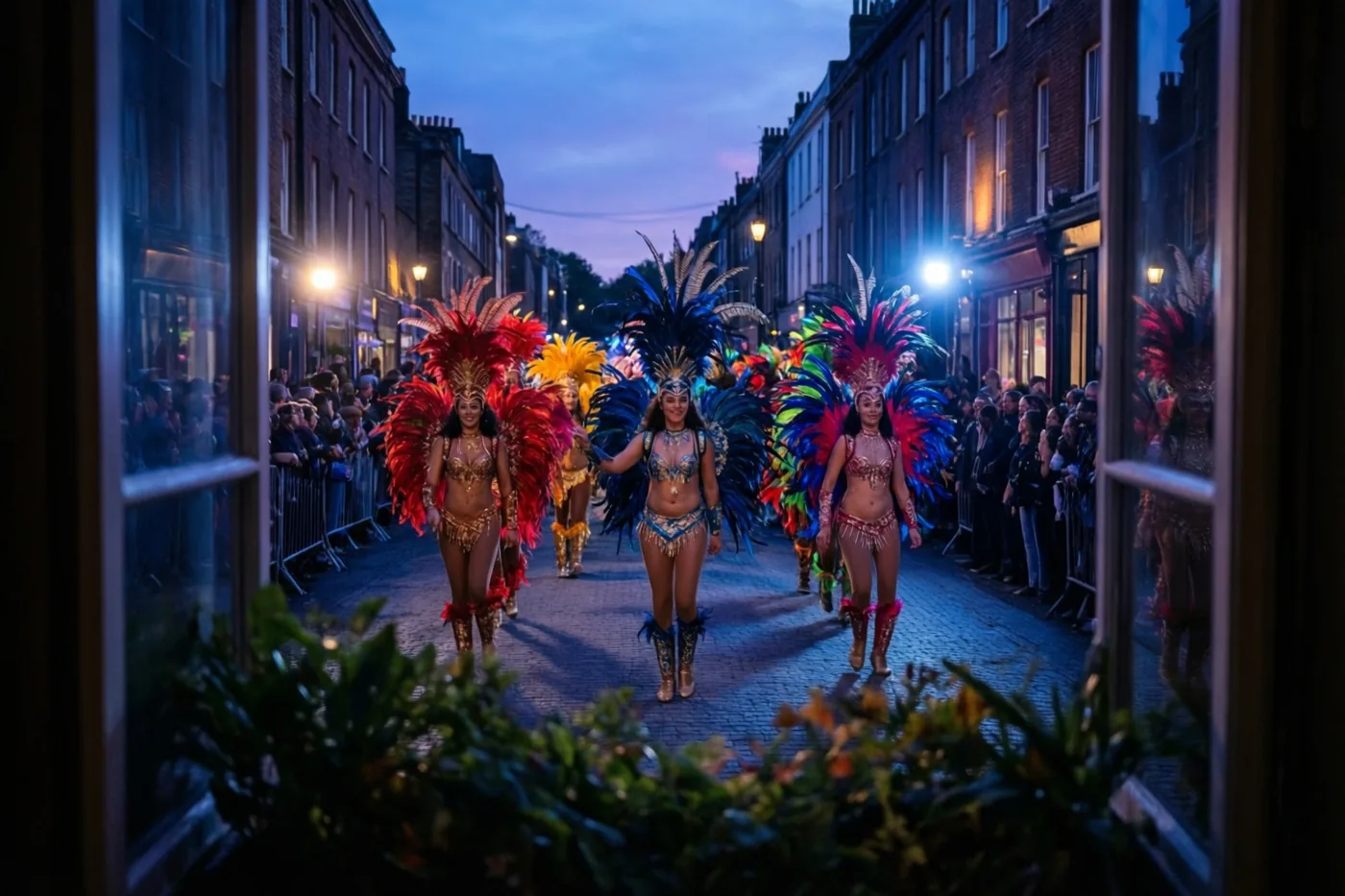 Door een raam is bij schemering een straatstoet met dansers in rijk versierde verenkostuums te zien, op een warm verlichte kasseistraat tussen bakstenen gebouwen.