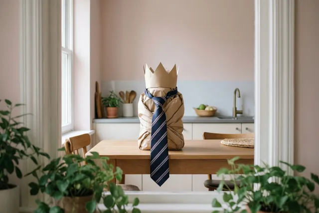 Een das in bruin papier met een papieren kinderkroon erbovenop ligt op een houten keukentafel, in een zacht verlichte keuken met pasteltinten en groene planten.