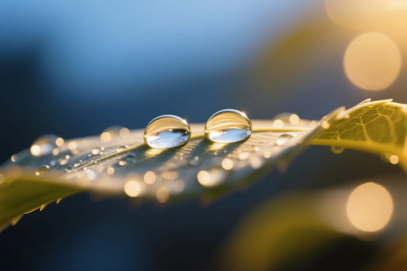 Twee dauwdruppels weerkaatsen zonlicht op een groen blad tegen een wazige achtergrond met blauwe en gouden lichtvlekken.