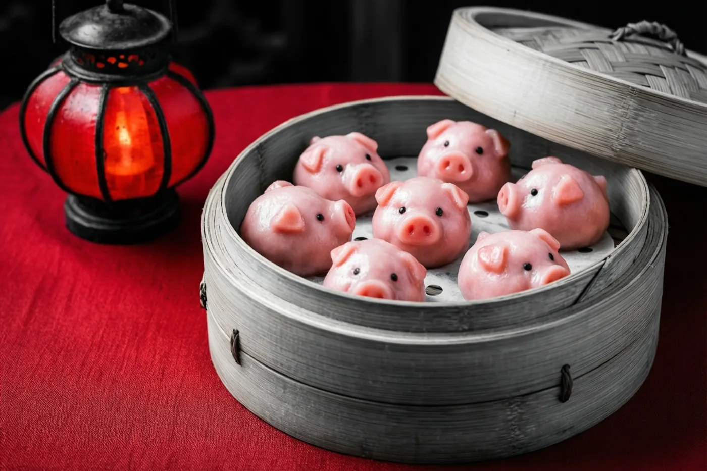Een bamboe stoommand met roze dumplings in de vorm van biggetjes staat op een rood tafelkleed naast een brandende rode lantaarn.