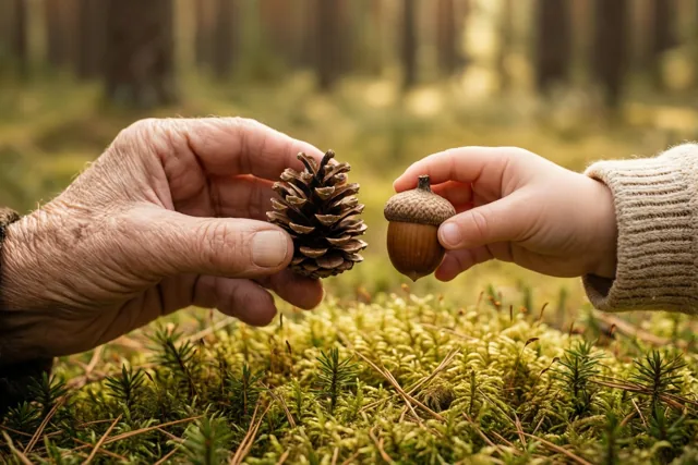Een oudere hand houdt een dennenappel en een kinderhand een eikel boven een felgroene bemoste bosbodem, met warm natuurlijk licht en een wazig bos op de achtergrond.