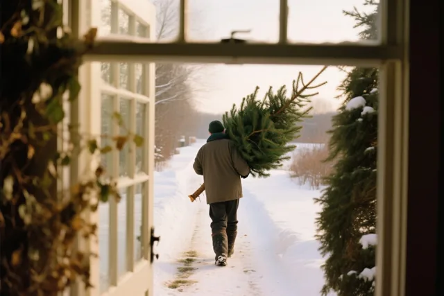 Door een open raam is een persoon van achteren te zien die een pas gekapte dennenboom over een besneeuwd pad draagt.