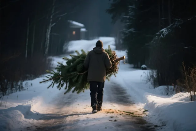 Een persoon draagt met de rug naar de camera een pas gekapte dennenboom over een besneeuwd bospad tussen donkere bomen, met de warme gloed van een huis in de verte.