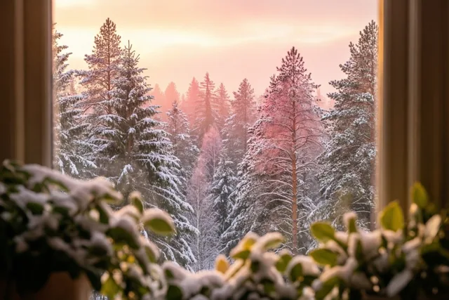 Een houten raamkozijn en vensterbank omlijsten een besneeuwd dennenbos bij zonsopgang, met roze licht op de toppen en besneeuwd groen op de voorgrond.