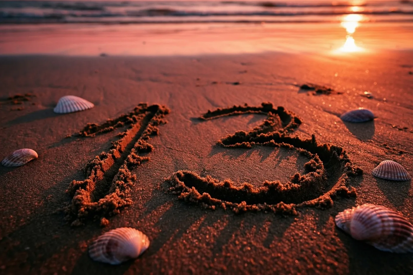 Het getal 13 is in het strandzand getekend tussen verspreide schelpen bij een zonsondergang in warme oranje en rode tinten.
