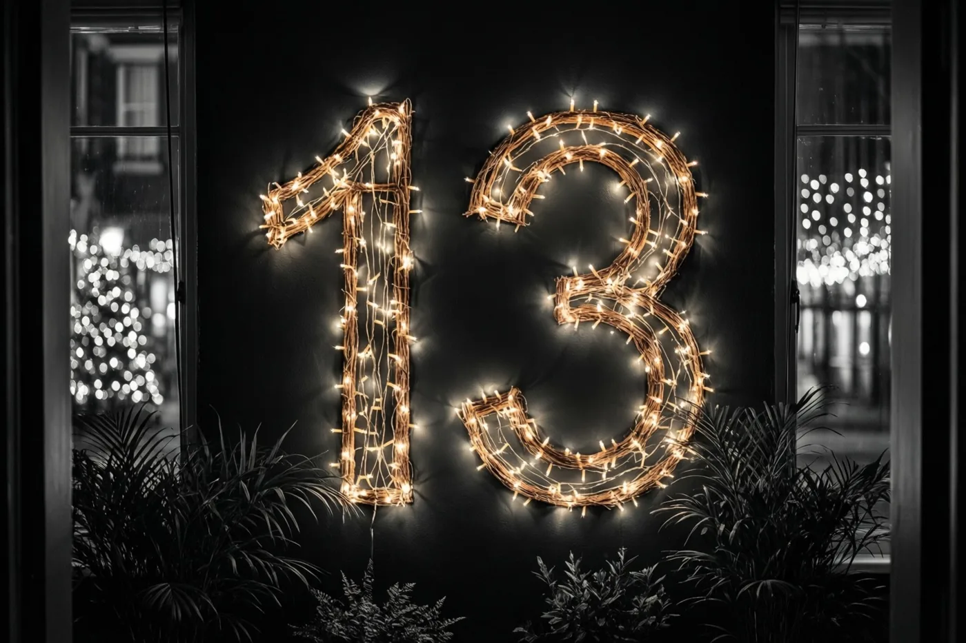 Warme lichtjes vormen 13 op een donkere muur tussen raamkozijnen en donkere planten, met onscherpe feestlichtjes zichtbaar door de ramen in de nacht.