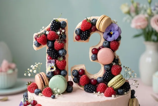 Een taart in de vorm van 13 is versierd met frambozen, bramen, blauwe bessen, macarons en eetbare bloemen op een roze ondergrond, met onscherpe bloemen op de achtergrond.