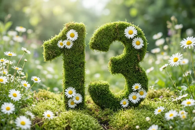 Het getal 13 van groen mos is versierd met witte madeliefjes in een landelijke tuin, met onscherpe bloemen en bladeren op de achtergrond.