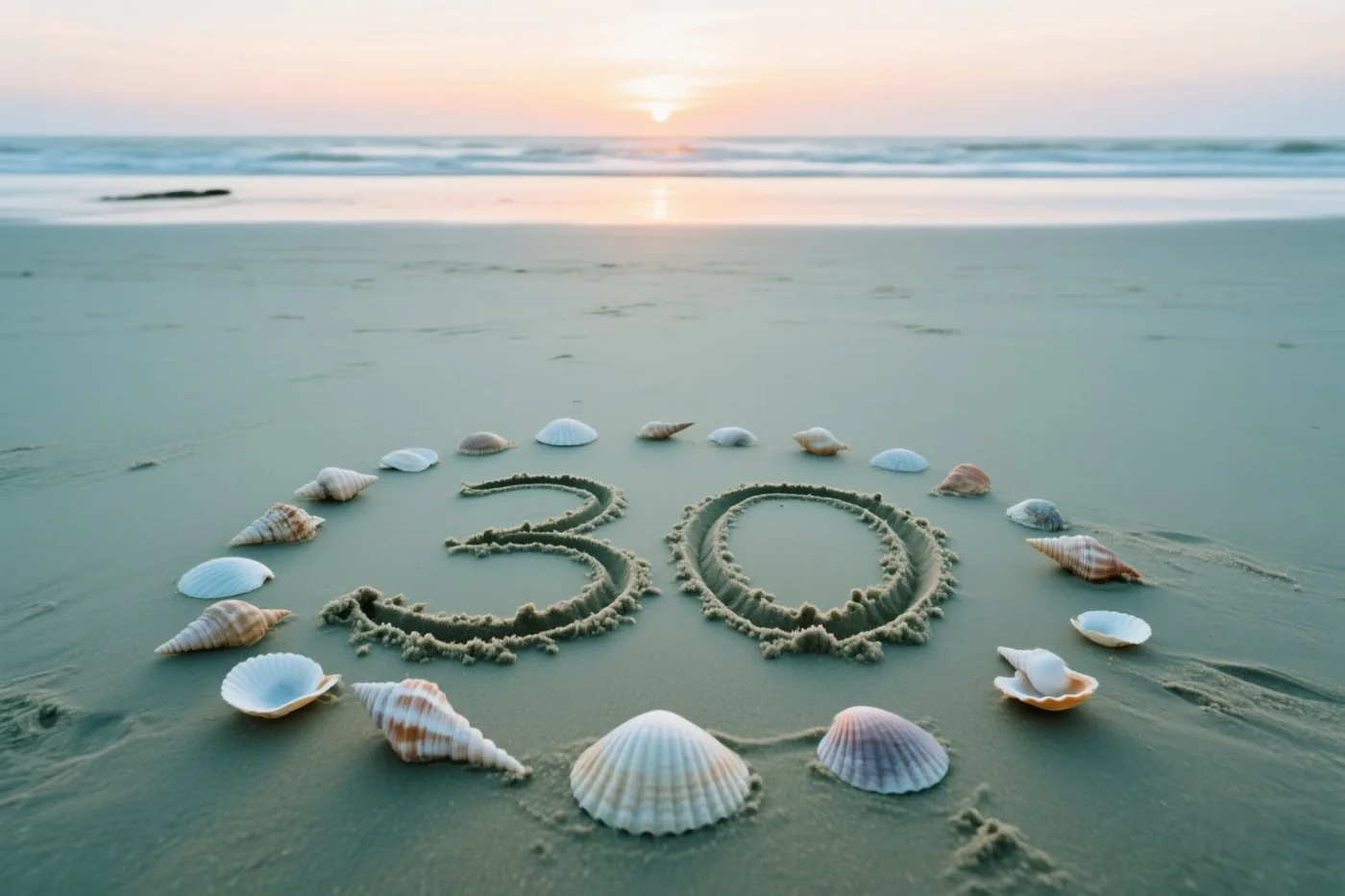 Het getal 30 is in strandzand getekend tussen schelpen bij zonsondergang, in zachte pastelkleuren.