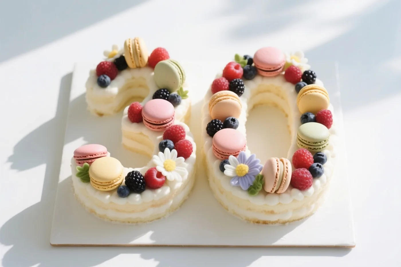 Een taart in de vorm van 30, versierd met bessen, macarons en eetbare bloemen, ligt op een witte taartplaat in fel zonlicht.