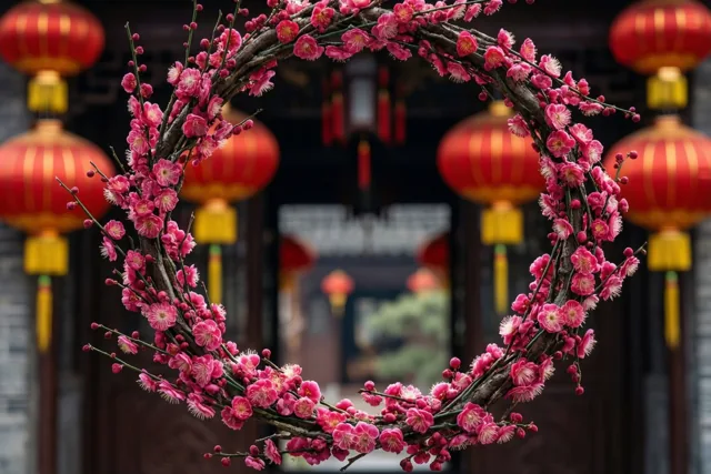 Een ronde slinger van roze pruimenbloesems omlijst een traditionele deuropening met rode lantaarns, in een warm verlichte omgeving met klassieke Chinese architectuur.