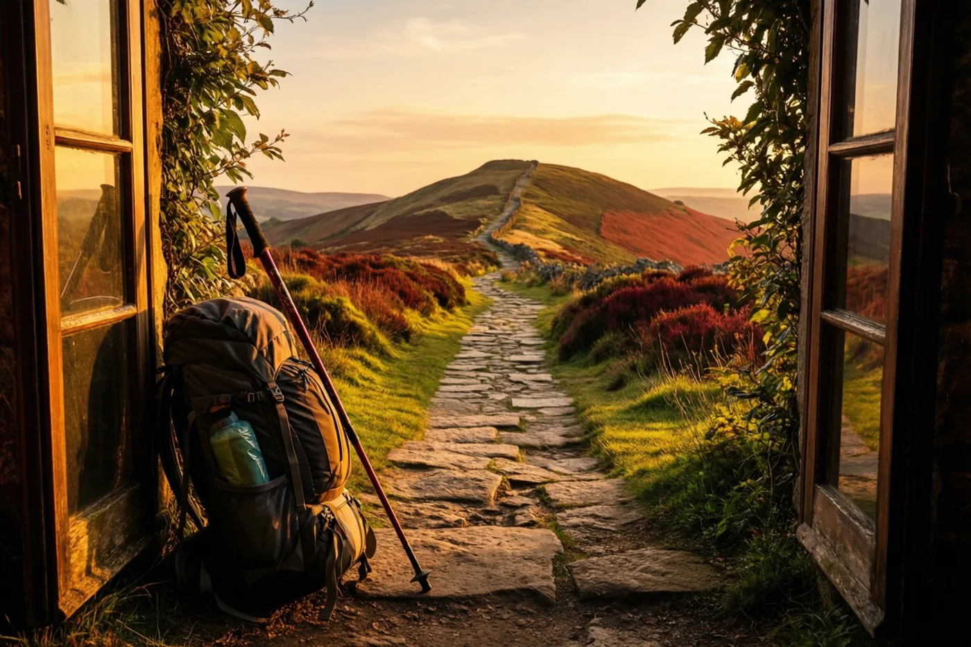 Een wandelrugzak en wandelstok staan naast een open houten deuropening met uitzicht op een stenen pad langs een groen en rood begroeide helling bij zonsondergang.