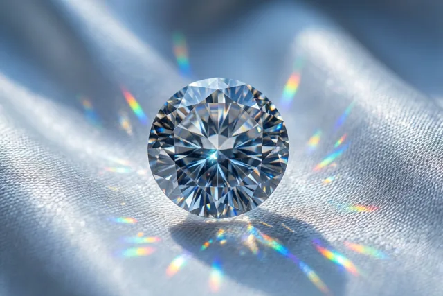 Een rond geslepen diamant ligt op witte zijde met zichtbare structuur en verspreidt regenboogkleurige lichtpuntjes over de stof.