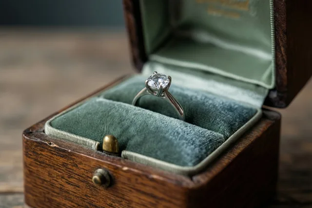 Een ring met één diamant ligt in een vintage houten doosje met een groene fluwelen voering, in een rustieke omgeving met warme bruine tinten en zacht licht.