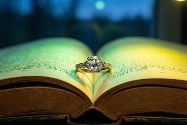 Een verlovingsring met een grote centrale diamant ligt op een opengeslagen oud boek, verlicht in geel en groen tegen een donkerblauwe achtergrond.