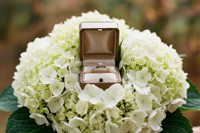 Een open doosje met een diamanten verlovingsring ligt midden in een vol boeket witte hortensia’s in zacht licht.
