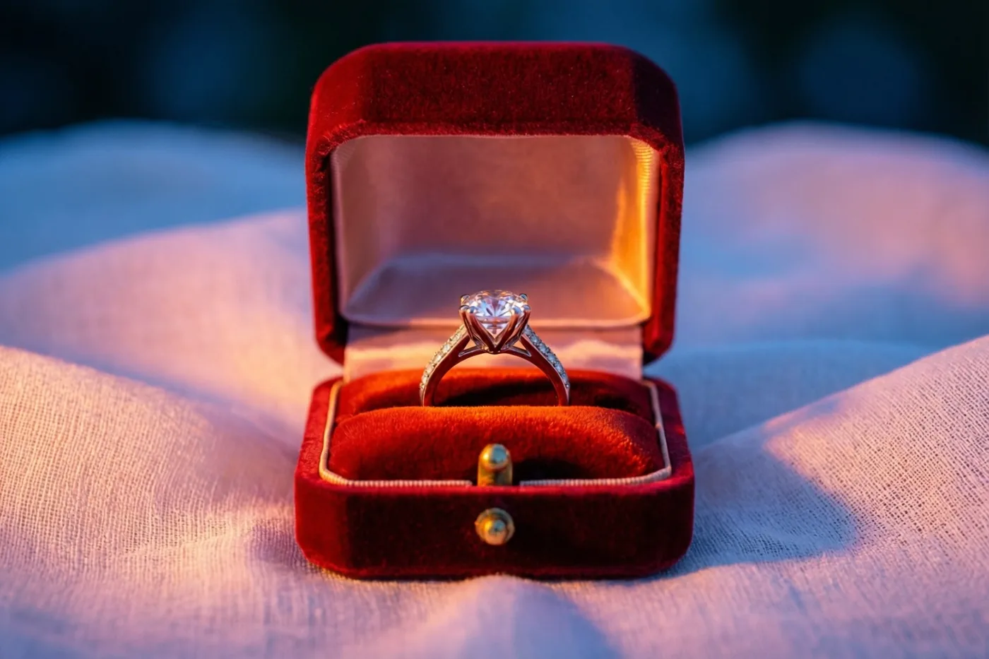 Een open rood fluwelen ringdoosje met een diamanten verlovingsring staat op een witte linnen doek in zacht, warm licht.