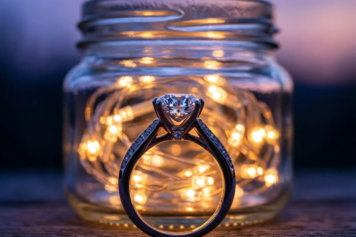 Een verlovingsring met een grote centrale diamant en kleinere diamanten op de band staat voor een glazen pot met wazige warme lichtjes, tegen een paars-blauwe schemerachtergrond.