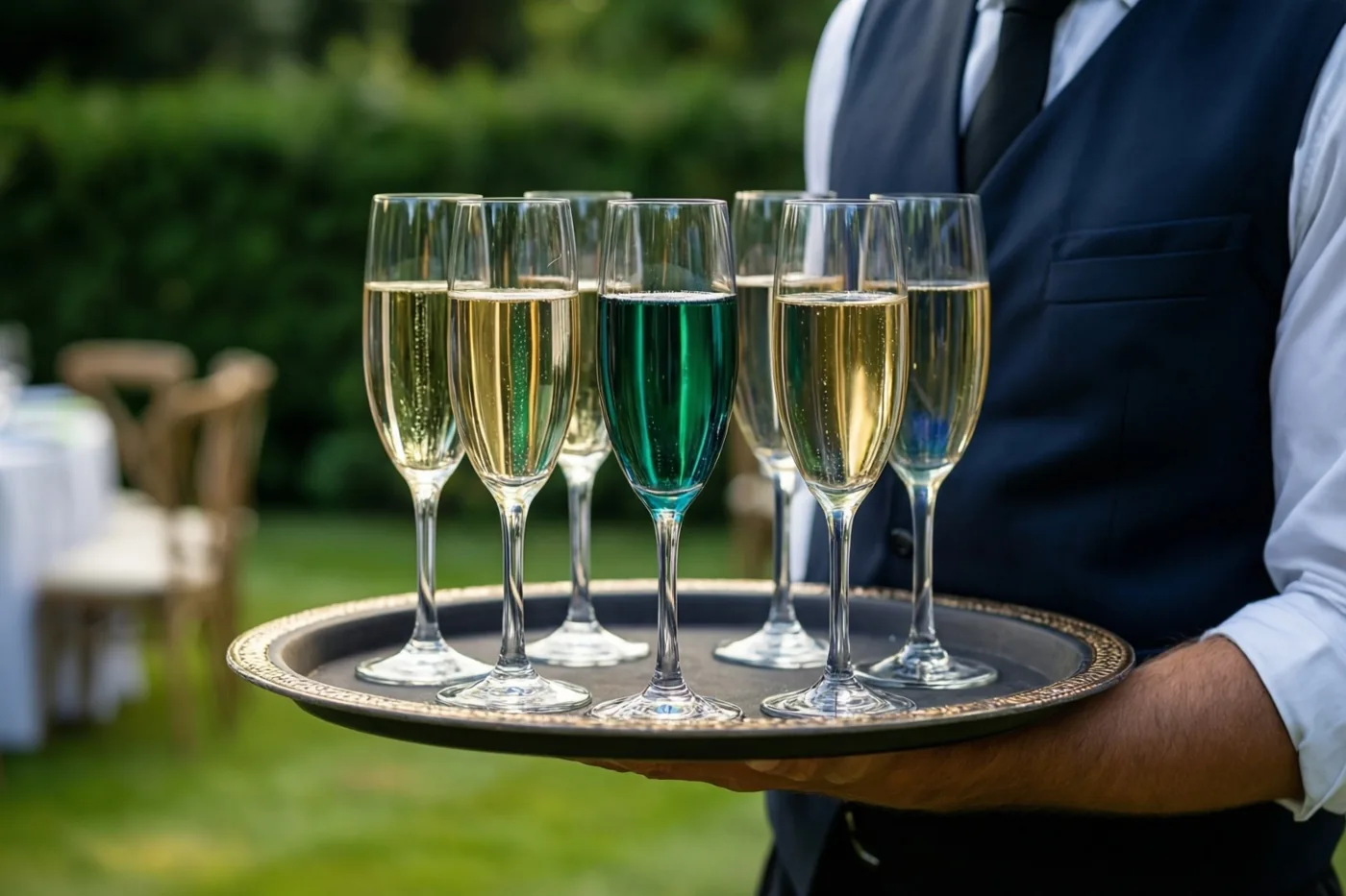 Een kelner met een gilet en das houdt in een groene tuin een zilveren dienblad met zes champagnefluiten vast, waarvan één met blauwe vloeistof.