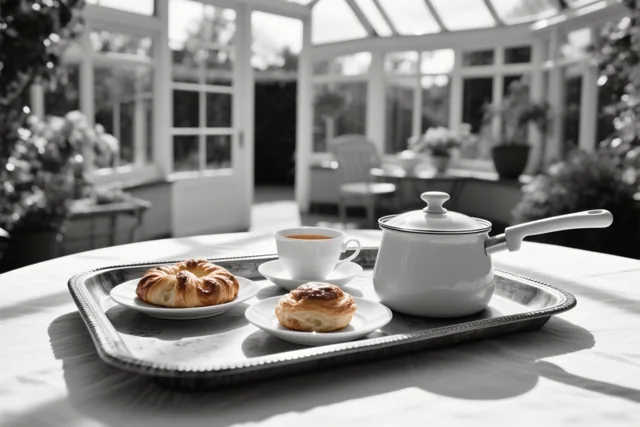 Op een tafel in een lichte veranda staat een zilveren dienblad met gebakjes en een theepot, weergegeven in zwart-wit.