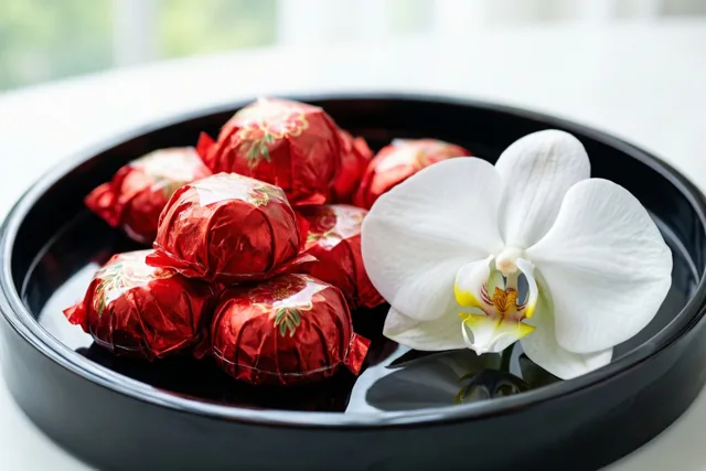Een zwart gelakt dienblad met rood verpakte snoepjes en een witte orchidee staat op een witte ondergrond met zacht daglicht op de achtergrond.