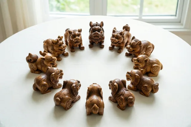 Twaalf kleine uitgesneden houten dierenbeeldjes van de Chinese dierenriem staan in een kring op een wit tafelkleed bij een raam.