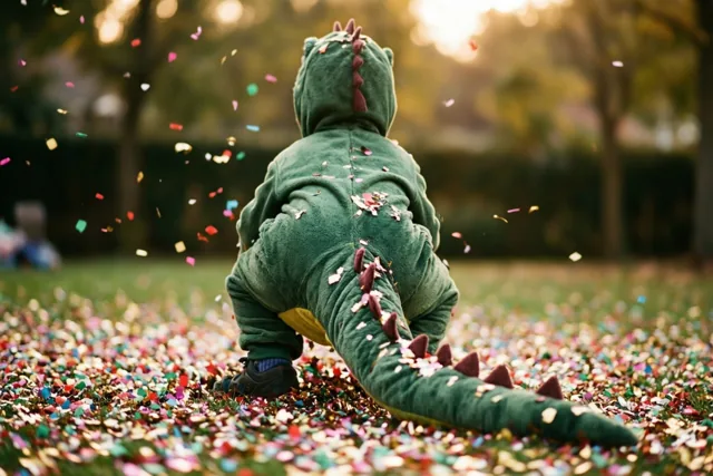 Een kind in een groen dinosauruskostuum met een lange staart zit met de rug naar de camera in gras vol kleurrijke confetti, met onscherpe bomen in warm goudkleurig zonlicht.