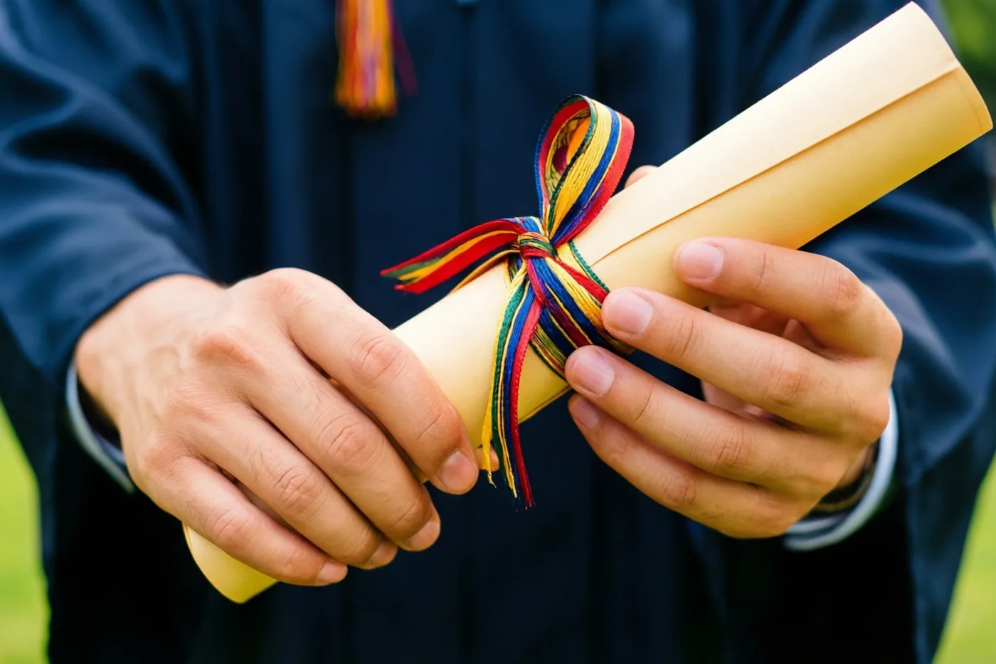 Een persoon in een donkerblauwe afstudeertoga houdt een opgerold diploma met een kleurrijk lint vast tegen een onscherpe groene buitenachtergrond.