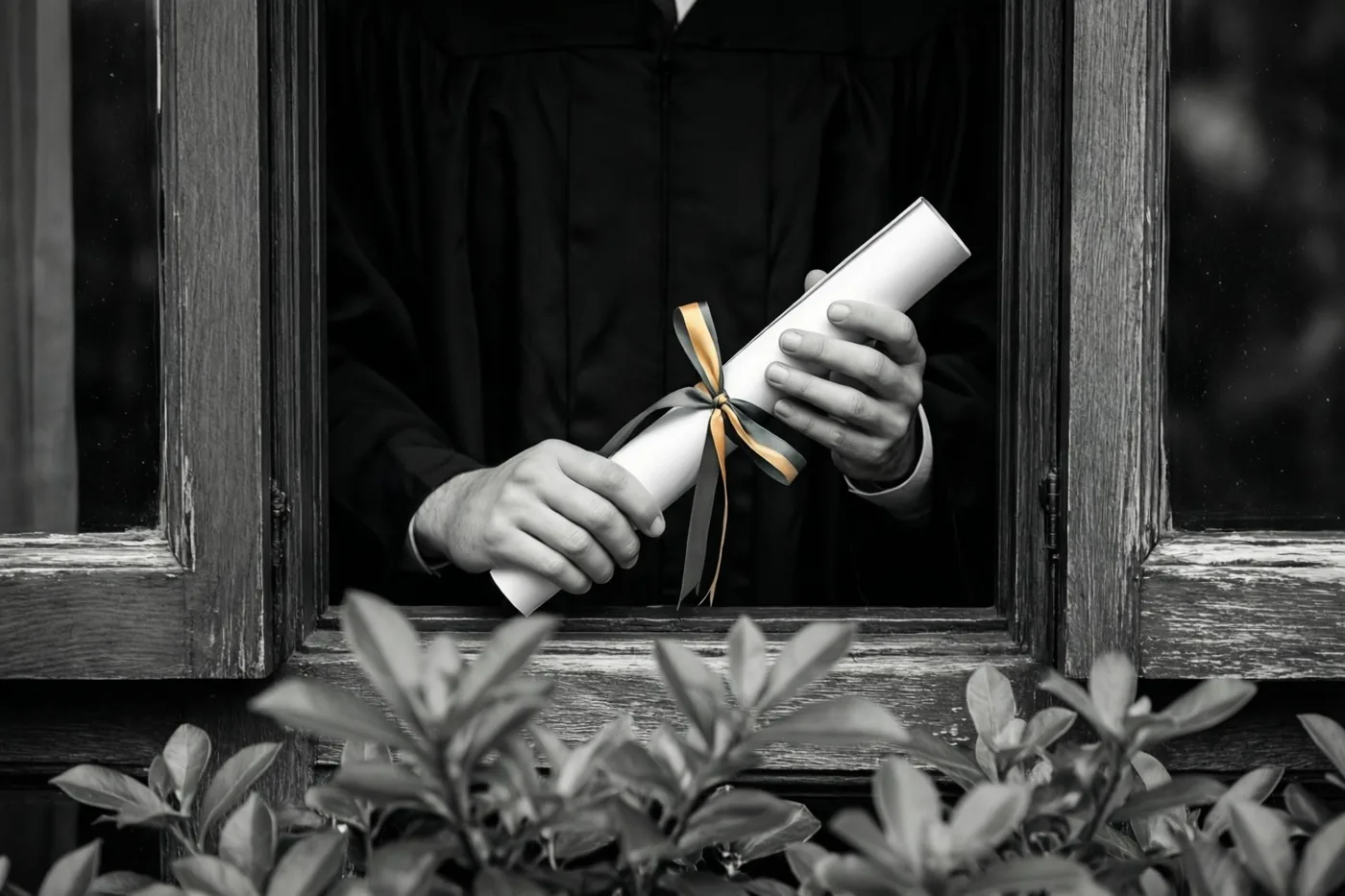 Door een houten raamkozijn is een persoon in zwarte afstudeertoga met een opgerold diploma met lint te zien, in zwart-wit met een plant op de voorgrond.