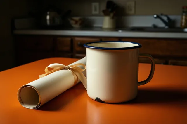 Een emaille mok en een opgerold diploma met een lint staan op een feloranje tafel in een schaars verlichte keuken met houten kasten.