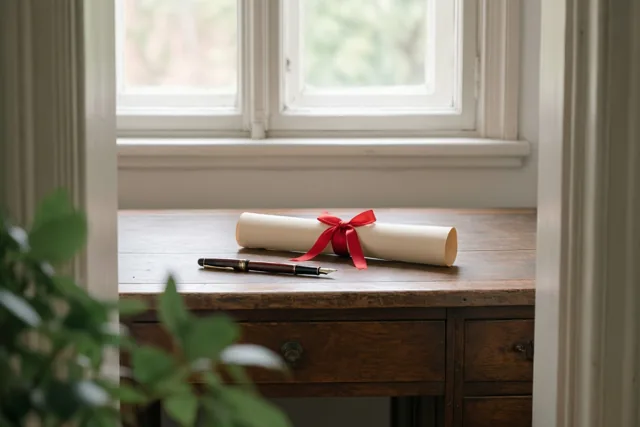 Een opgerold diploma met een rood lint en een vulpen liggen op een rustiek houten bureau in zacht daglicht van een raam.