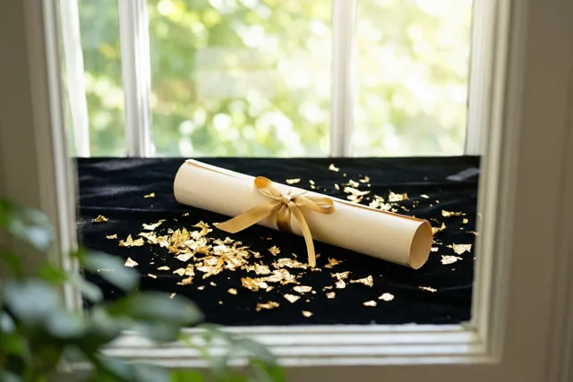 Een opgerold diploma met een gouden lint ligt op zwart fluweel op een vensterbank, omringd door snippers bladgoud, met groen op de achtergrond.