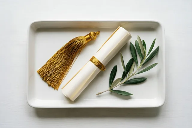 Op een wit keramieken dienblad liggen een opgerold diploma met een gouden lint, een gouden kwast en een olijftakje, tegen een witte houten ondergrond.