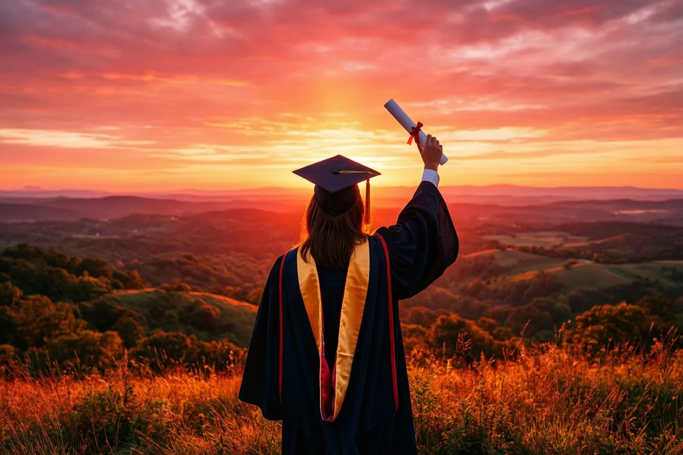 Een afgestudeerde in een donkere toga met gouden en rode afwerking houdt op een heuveltop bij zonsopgang een opgerold diploma omhoog, met glooiende heuvels erachter.