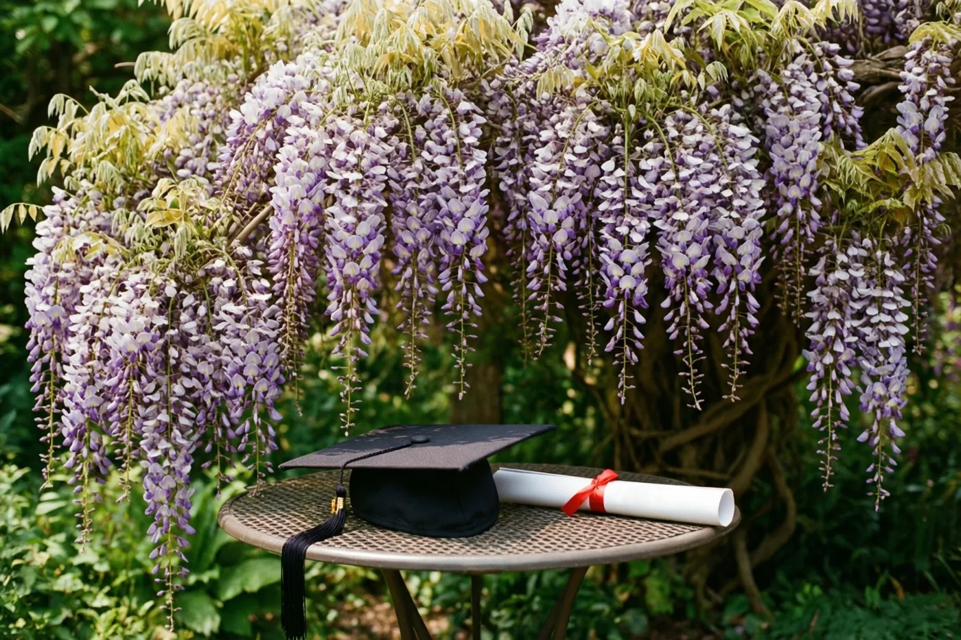 Een afstudeerhoed en een opgerold diploma met een rood lint liggen op een metalen tuintafel onder paarse en witte bloemtrossen van blauwe regen, met een groene tuin erachter.