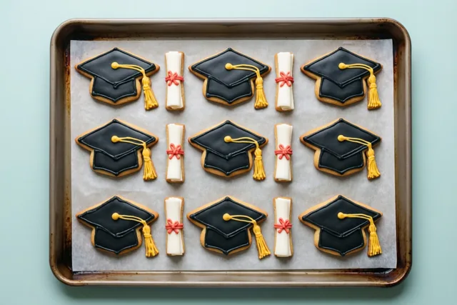 Rijen koekjes in de vorm van afstudeerhoedjes en opgerolde diploma's met zwart, geel en wit glazuur liggen op bakpapier op een bakplaat tegen een lichtblauwe achtergrond.