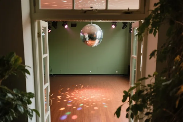Door een open deuropening met groene planten is een discobal boven een lege houten dansvloer te zien, met een groene muur en podiumlichten achteraan.